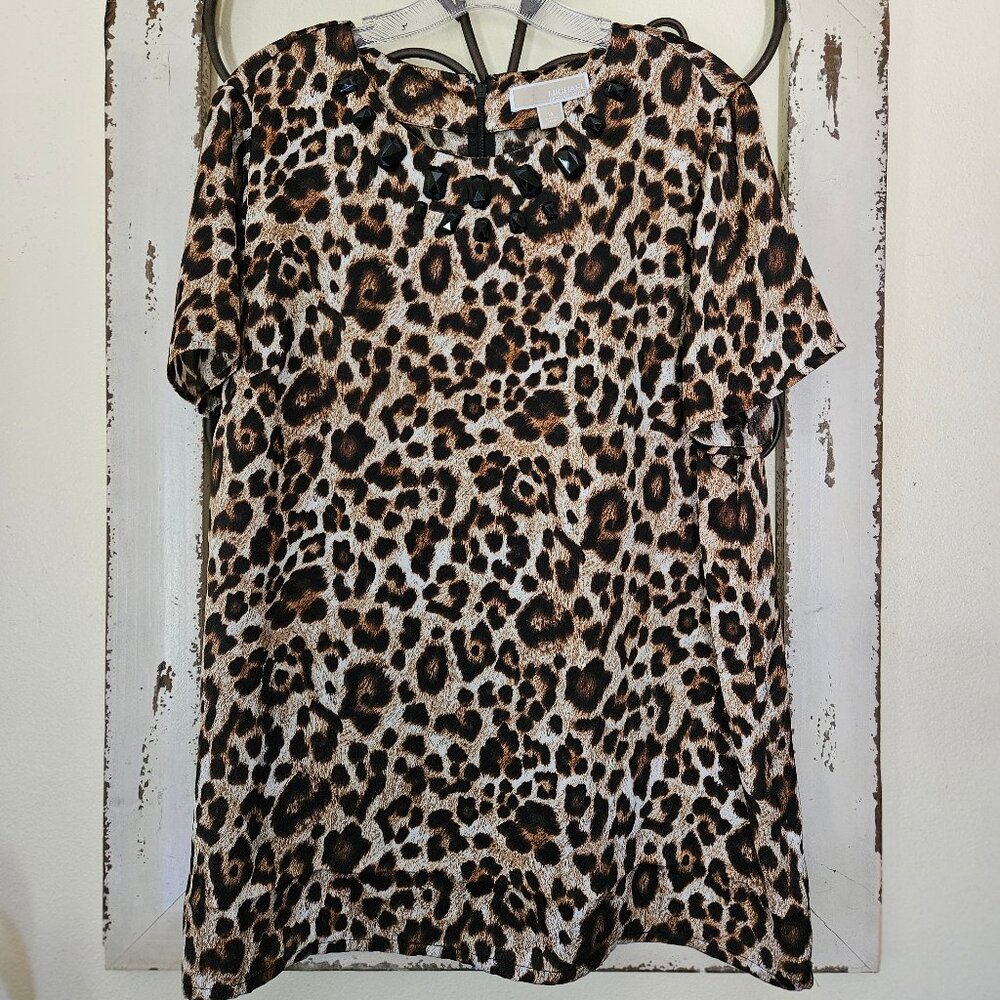 Michael Kors Women`s Cheetah Animal Print Short Sleeve Top Shirt size 14